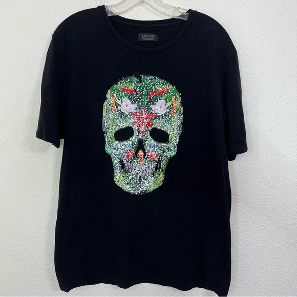 ZARA MEN | REVERSIBLE SEQUINS SKULL T-SHIRT.  Size XL - Picture 2 of 6